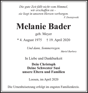 Traueranzeige von Melanie Bader von Hagenower Kreisblatt