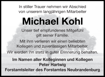 Traueranzeige von Michael Kohl von Neubrandenburger Zeitung