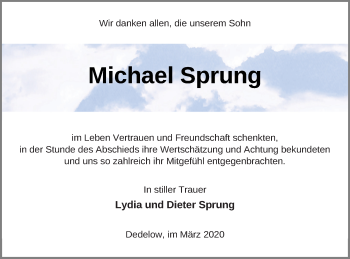 Traueranzeige von Michael Sprung von Prenzlauer Zeitung