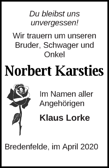 Traueranzeige von Norbert Karsties von Strelitzer Zeitung