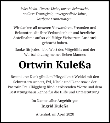 Traueranzeige von Ortwin Kuleßa von Müritz-Zeitung