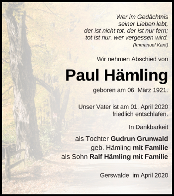 Traueranzeige von Paul Hämling von Templiner Zeitung