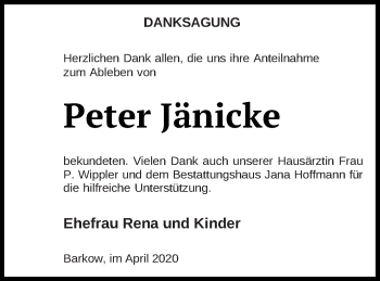 Traueranzeige von Peter Jänicke von Neubrandenburger Zeitung