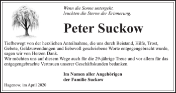 Traueranzeige von Peter Suckow von Hagenower Kreisblatt