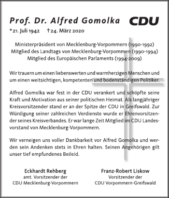 Traueranzeige von Prof. Dr. Alfred Gomolka von Zeitung für die Landeshauptstadt