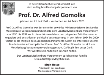 Traueranzeige von Prof. Dr. Alfred Gomolka von Zeitung für die Landeshauptstadt