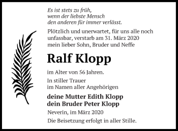 Traueranzeige von Ralf Klopp von Neubrandenburger Zeitung