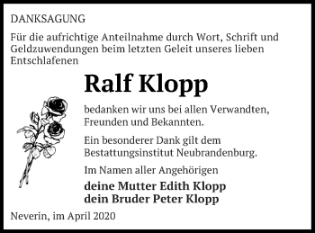 Traueranzeige von Ralf Klopp von Neubrandenburger Zeitung