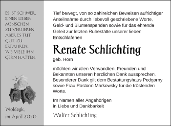 Traueranzeige von Renate Schlichting von Strelitzer Zeitung