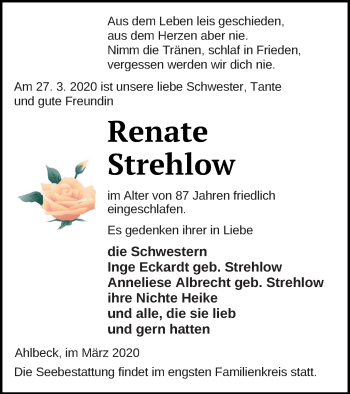 Traueranzeige von Renate Strehlow von Haff-Zeitung