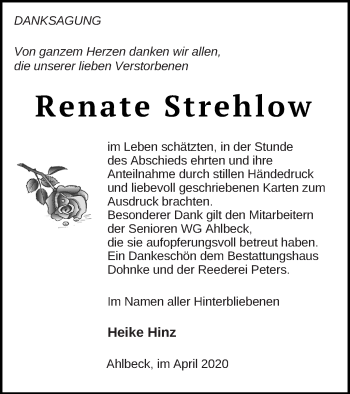 Traueranzeige von Renate Strehlow von Haff-Zeitung