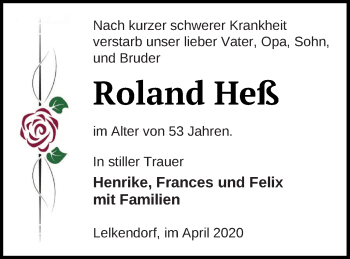 Traueranzeige von Roland Heß von Mecklenburger Schweiz