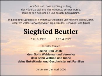 Traueranzeige von Siegfried Beutler von Mecklenburger Schweiz