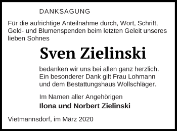 Traueranzeige von Sven Zielinski von Templiner Zeitung