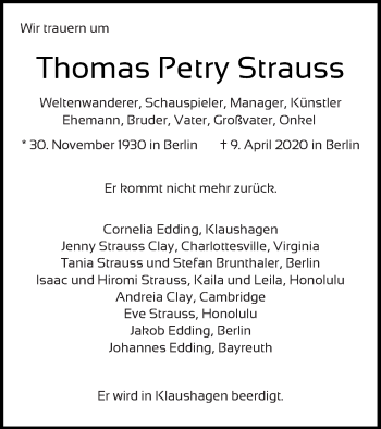 Traueranzeige von Thomas Petry Strauss von Templiner Zeitung