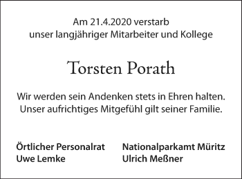 Traueranzeige von Torsten Porath von Strelitzer Zeitung