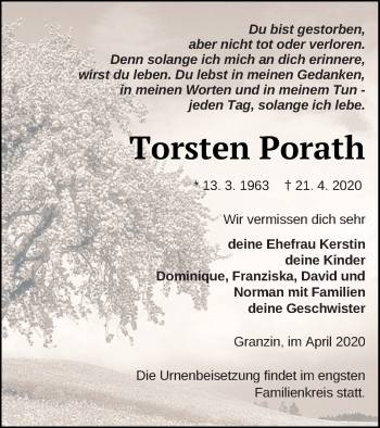 Traueranzeige von Torsten Porath von Strelitzer Zeitung