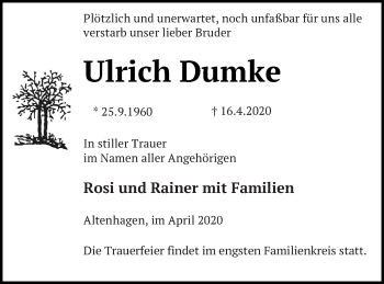 Traueranzeige von Ulrich Dumke von Neubrandenburger Zeitung