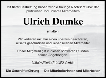 Traueranzeige von Ulrich Dumke von Mecklenburger Schweiz