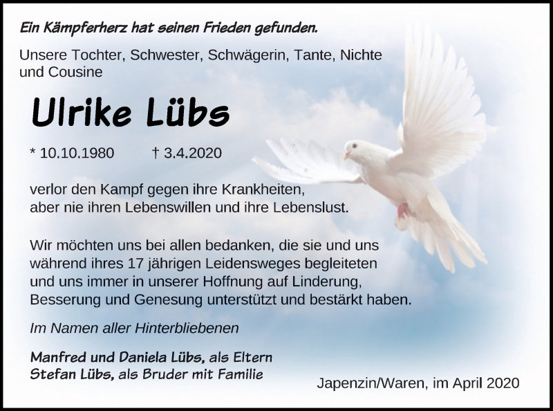  Traueranzeige für Ulrike Lübs vom 11.04.2020 aus Vorpommern Kurier