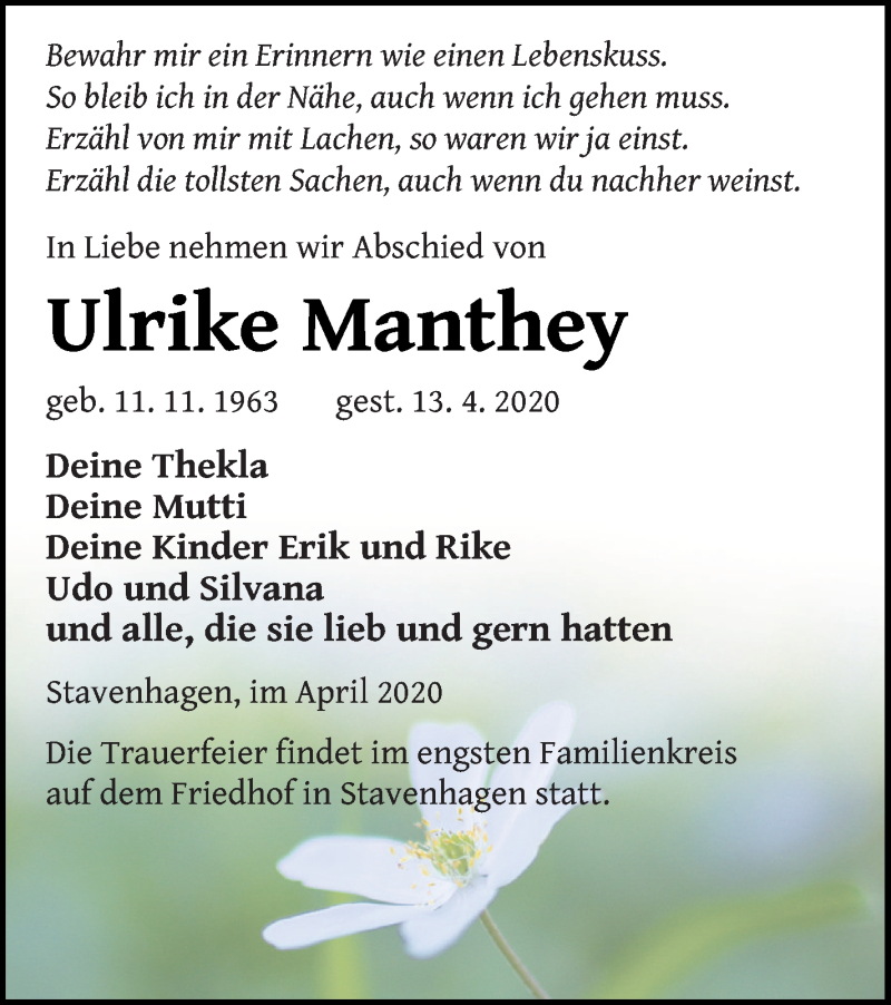  Traueranzeige für Ulrike Manthey vom 17.04.2020 aus Mecklenburger Schweiz