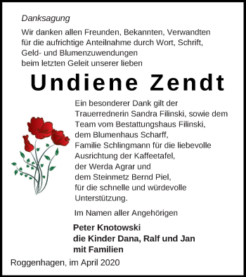 Traueranzeige von Undiene Zendt von Neubrandenburger Zeitung