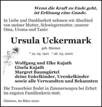 Traueranzeige von Ursula Uckermark von Güstrower Anzeiger