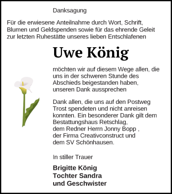 Traueranzeige von Uwe König von Pasewalker Zeitung