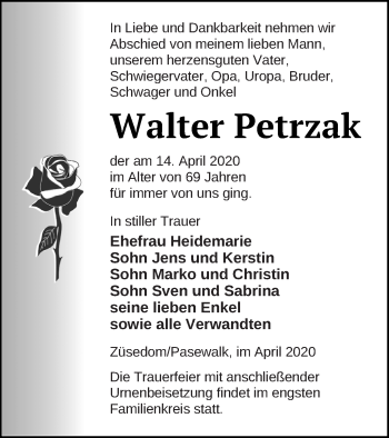 Traueranzeige von Walter Petrzak von Pasewalker Zeitung