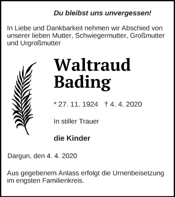 Traueranzeige von Waltraud Bading von Mecklenburger Schweiz