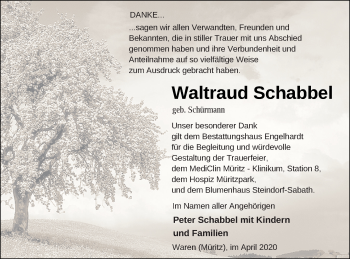 Traueranzeige von Waltraud Schabbel von Müritz-Zeitung