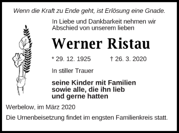 Traueranzeige von Werner Ristau von Pasewalker Zeitung