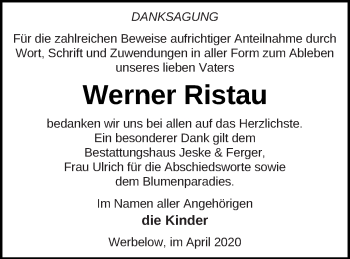 Traueranzeige von Werner Ristau von Pasewalker Zeitung