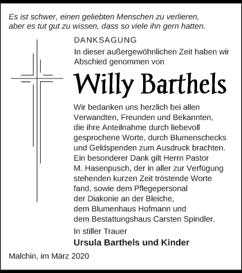 Traueranzeige von Willy Barthels von Mecklenburger Schweiz