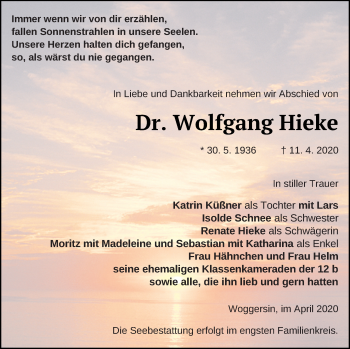 Traueranzeige von Wolfgang Hieke von Neubrandenburger Zeitung