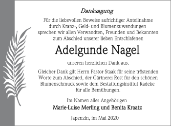 Traueranzeige von Adelgunde Nagel von Vorpommern Kurier