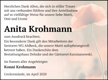 Traueranzeige von Anita Krohmann von Haff-Zeitung