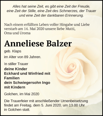 Traueranzeige von Anneliese Balzer von Neubrandenburger Zeitung