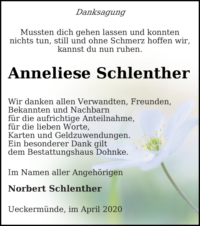 Traueranzeige für Anneliese Schlenther vom 02.05.2020 aus Haff-Zeitung