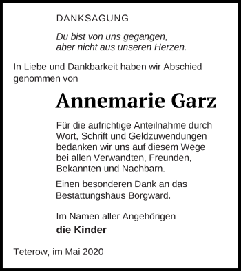 Traueranzeige von Annemarie Garz von Mecklenburger Schweiz