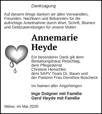 Traueranzeige von Annemarie Heyde von Pasewalker Zeitung