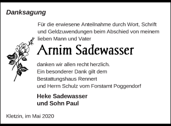 Traueranzeige von Arnim Sadewasser von Demminer Zeitung