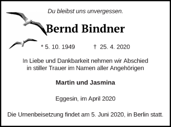 Traueranzeige von Bernd Bindner von Haff-Zeitung