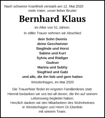 Traueranzeige von Bernhard Klaus von Müritz-Zeitung