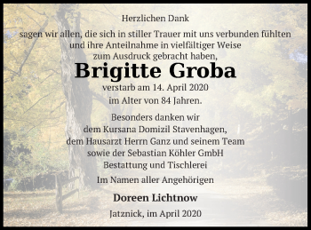 Traueranzeige von Brigitte Groba von Haff-Zeitung