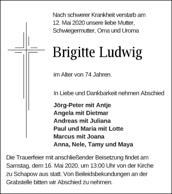 Traueranzeige von Brigitte Ludwig von Prenzlauer Zeitung