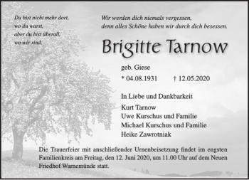 Traueranzeige von Brigitte Tarnow von Norddeutsche Neueste Nachrichten