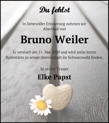 Traueranzeige von Bruno Weiler von Haff-Zeitung