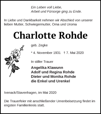 Traueranzeige von Charlotte Rohde von Mecklenburger Schweiz