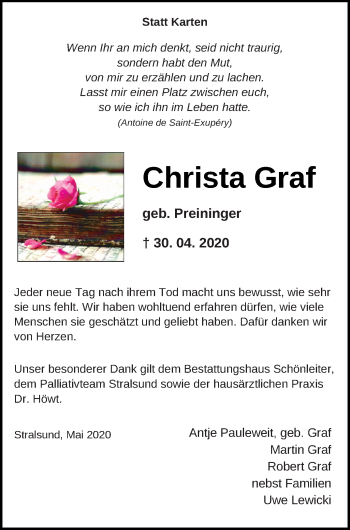 Traueranzeige von Christa Graf von Demminer Zeitung